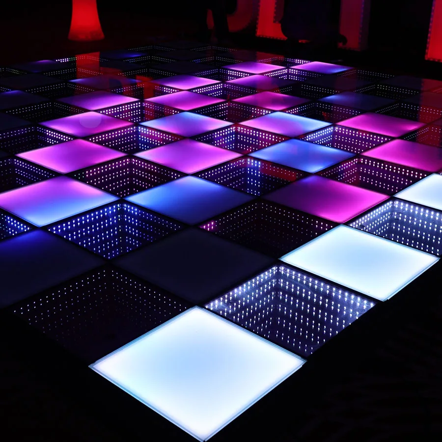 Infinity LED mirror dancefloor glowing in pink, purple and white