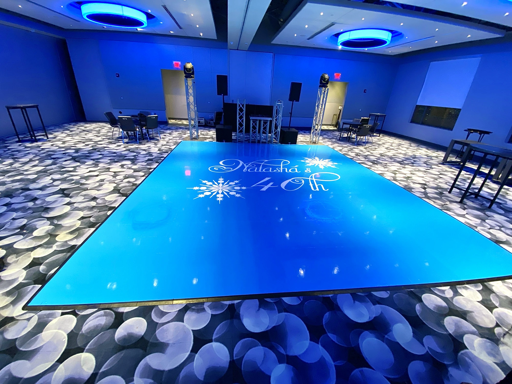 Custom printed blue winter wonderland dancefloor with snowflakes